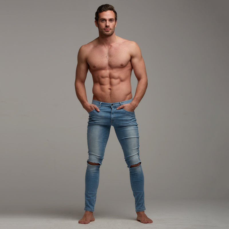 Zerrissene Slim-Stretch-Jeans von Father Sons in Hellblau – FSH103