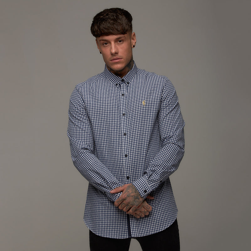 Father Sons Classic Navy White Gingham Dobby Langarmshirt (Goldemblem) – FS242 (LETZTE CHANCE)