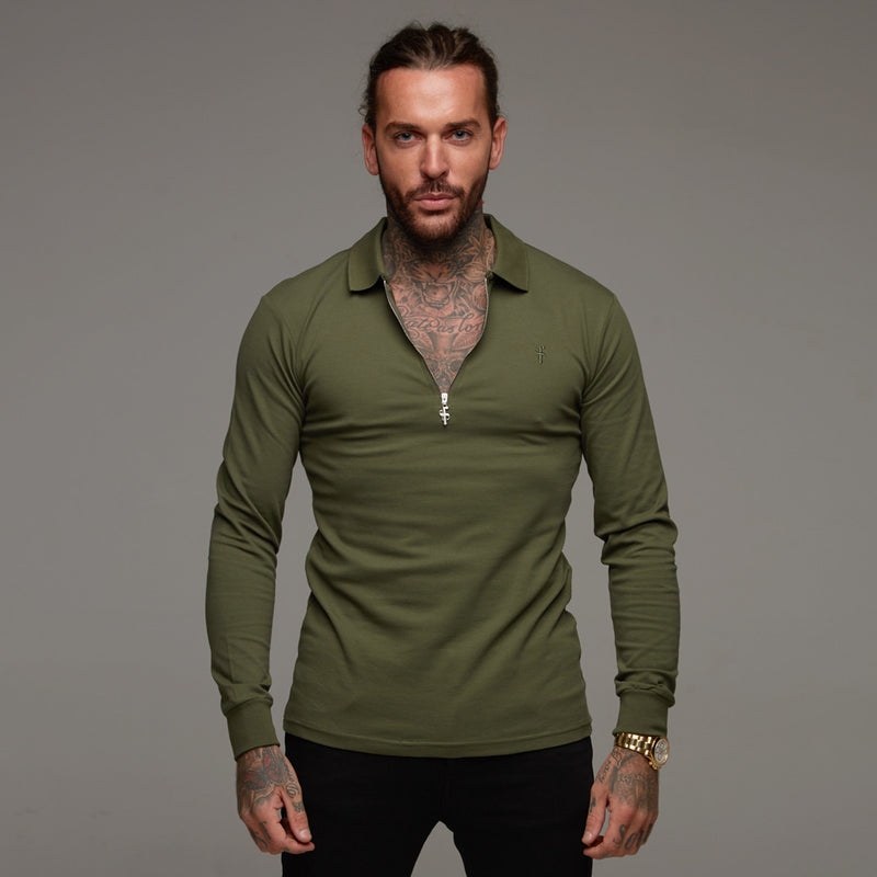 Father Sons Classic Khaki Zipped Polo Long Sleeve Shirt - FSH023