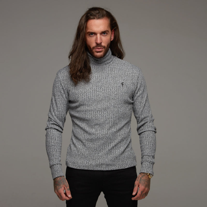 Father Sons klassischer gerippter Strickpullover mit Rollkragen in Grau und Schwarz – FSH119