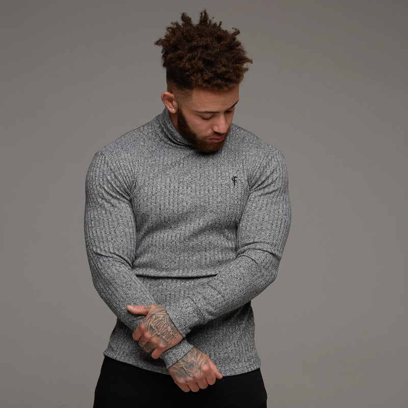 Father Sons klassischer gerippter Strickpullover mit Rollkragen in Grau und Schwarz – FSH119