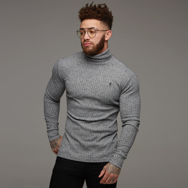 Father Sons klassischer gerippter Strickpullover mit Rollkragen in Grau und Schwarz – FSH119