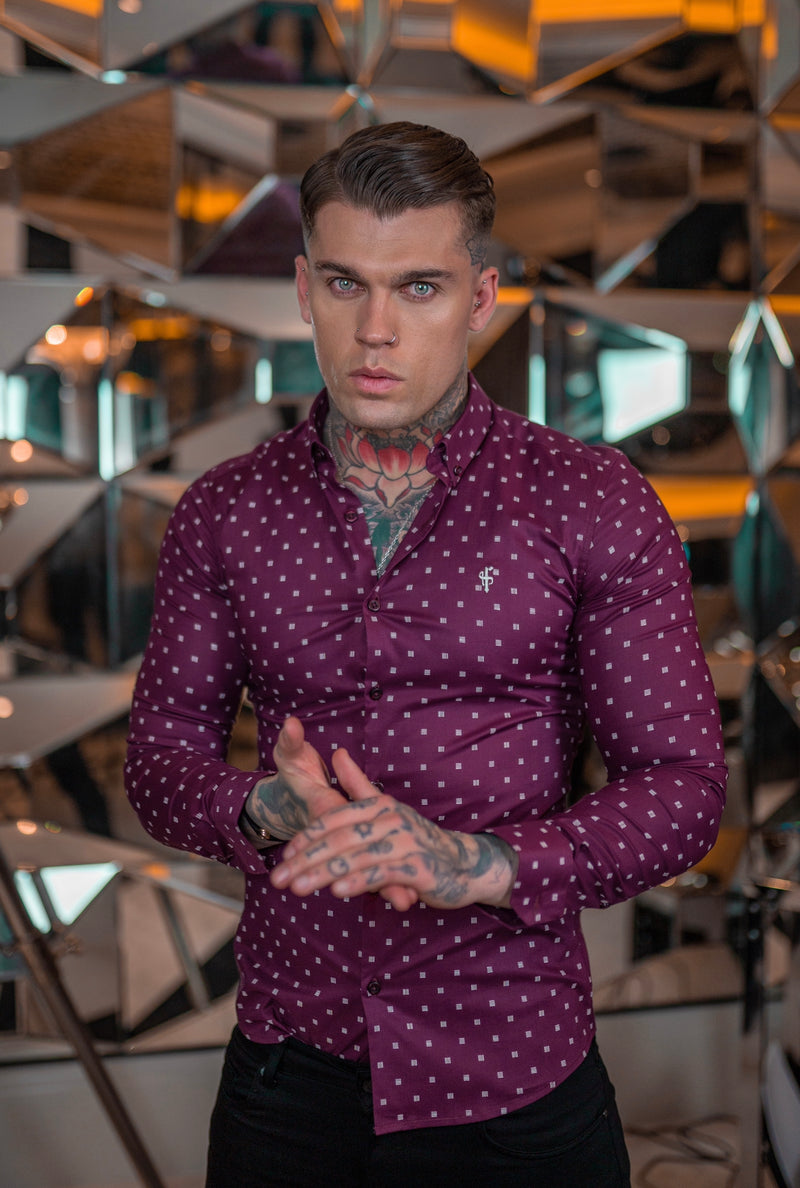 Father Sons Super Slim Stretch Burgundy & White Broken Square Print Long Sleeve - FS660