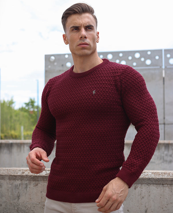 Vater-Söhne-Burgunder-Strickpullover, superschlank, mit Metallaufkleber – FSJ017