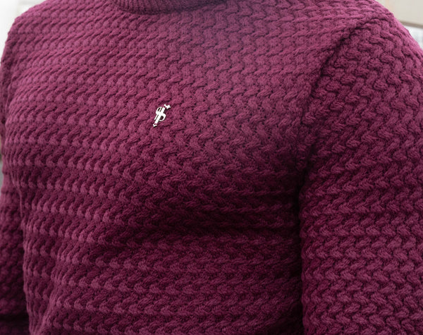 Father Sons Burgundy Knitted Weave Super Slim Jumper With Metal Decal - FSJ017