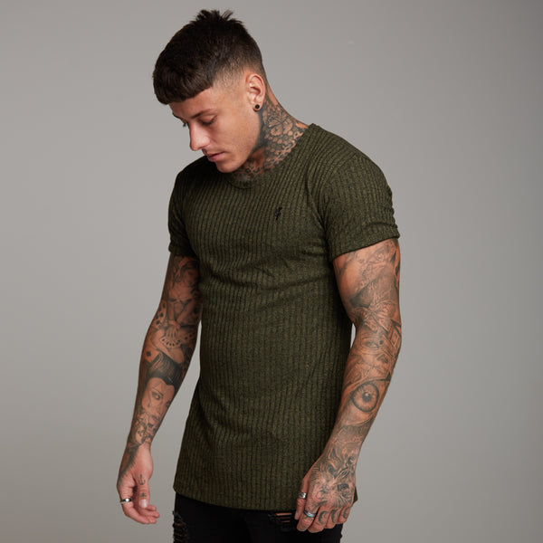 Father Sons Classic Khaki Ribbed Knit Super Slim Long Line Crew – FSH172