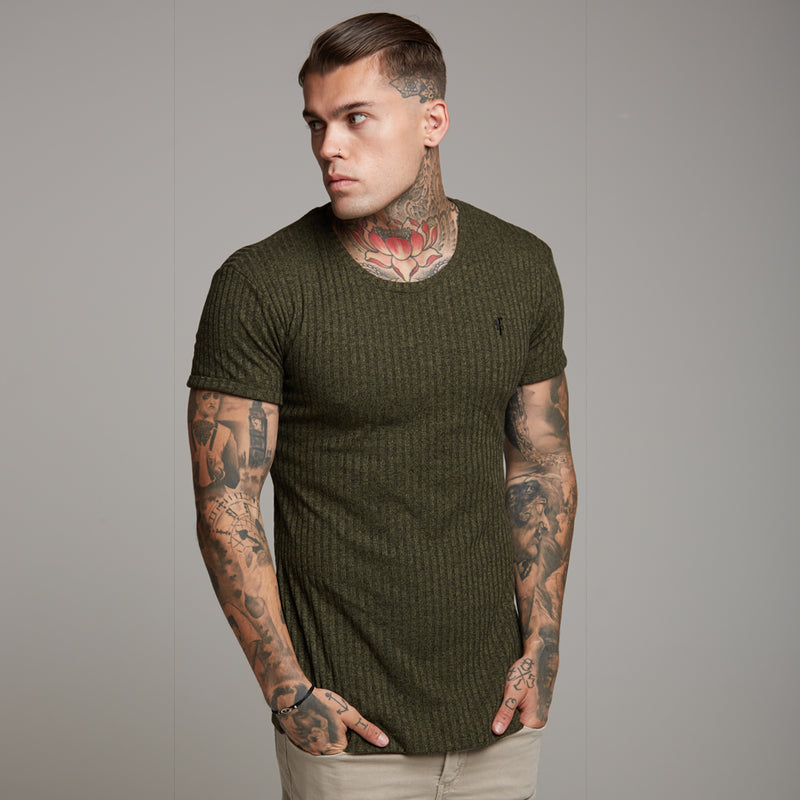 Father Sons Classic Khaki Ribbed Knit Super Slim Long Line Crew – FSH172