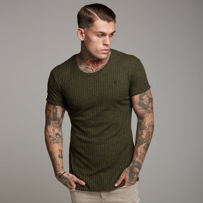 Father Sons Classic Khaki Ribbed Knit Super Slim Long Line Crew – FSH172