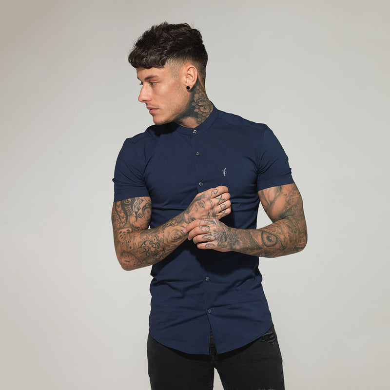 Father Sons Super Slim Stretch Classic Navy Grandad Collar Short Sleeve - FS182