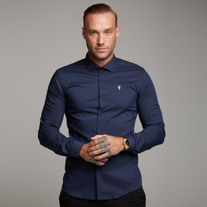 Father Sons Super Slim Stretch Classic Navy Panel Shirt (Rosa Stickerei) – FS321