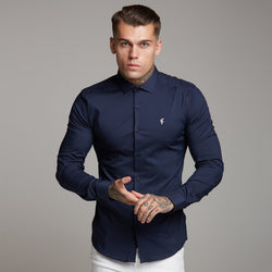 Father Sons Super Slim Stretch Classic Navy Panel Shirt (Rosa Stickerei) – FS321