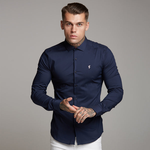 Father Sons Super Slim Stretch Classic Navy Panel Shirt (Rosa Stickerei) – FS321