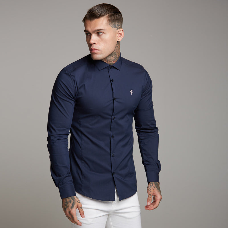 Father Sons Super Slim Stretch Classic Navy Panel Shirt (Rosa Stickerei) – FS321