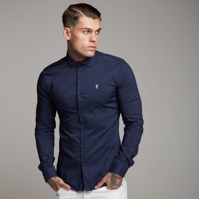 Father Sons Super Slim Stretch Classic Navy Panel Shirt (Rosa Stickerei) – FS321