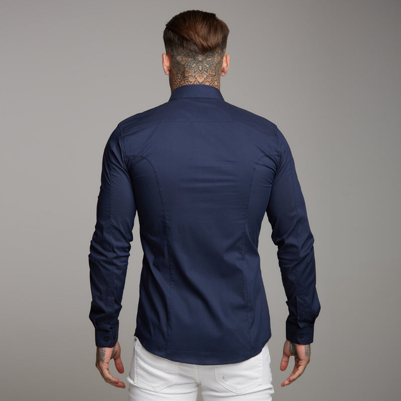 Father Sons Super Slim Stretch Classic Navy Panel Shirt (Rosa Stickerei) – FS321