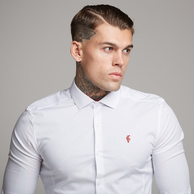 Father Sons Super Slim Stretch Classic White Panel Shirt (Burgunderrote Stickerei) – FS316 (LETZTE CHANCE)