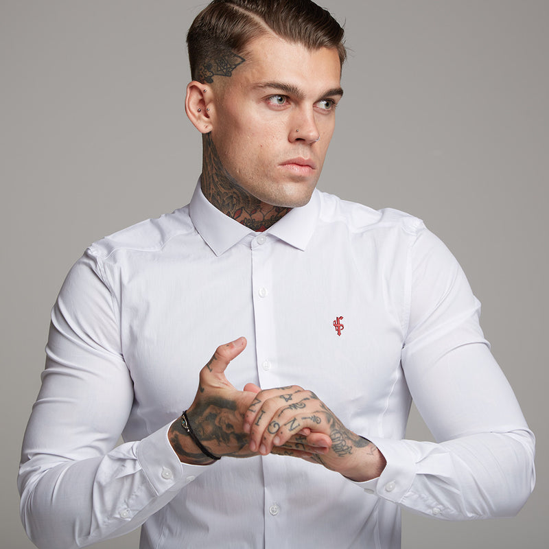 Father Sons Super Slim Stretch Classic White Panel Shirt (Burgunderrote Stickerei) – FS316 (LETZTE CHANCE)