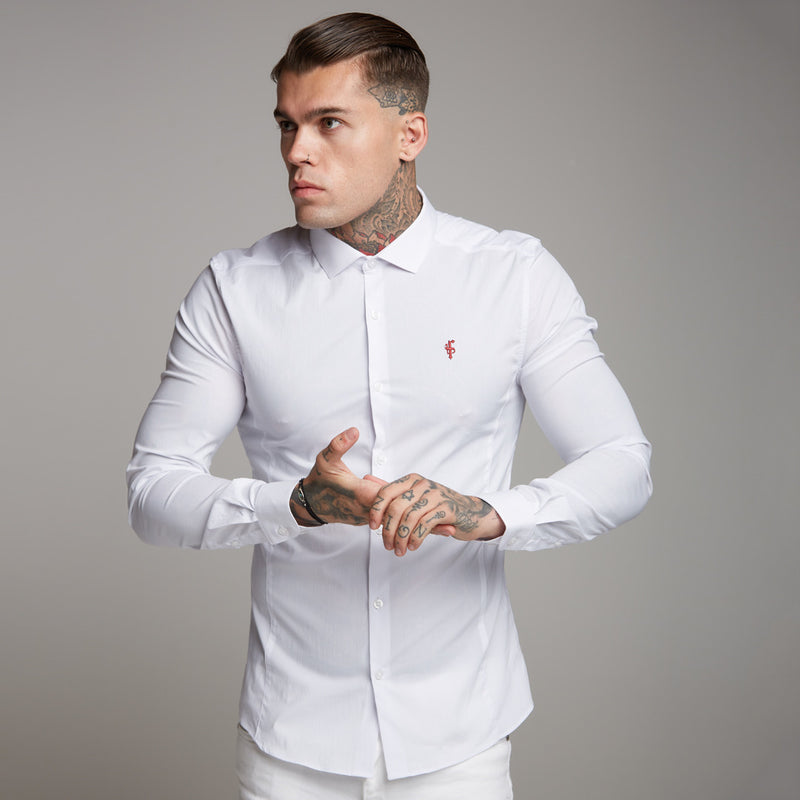 Father Sons Super Slim Stretch Classic White Panel Shirt (Burgunderrote Stickerei) – FS316 (LETZTE CHANCE)