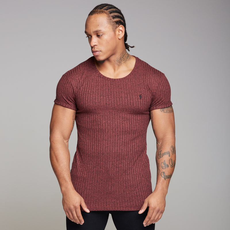 Father Sons klassisches, bordeauxrotes, geripptes, superschlankes Longline-Rundshirt – FSH170