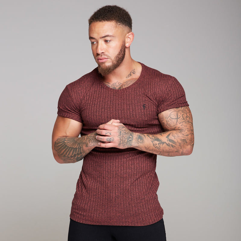 Father Sons Classic Burgundy Ribbed Knit Super Slim Long Line Crew - FSH170