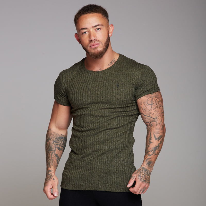 Father Sons Classic Khaki Ribbed Knit Super Slim Long Line Crew – FSH172