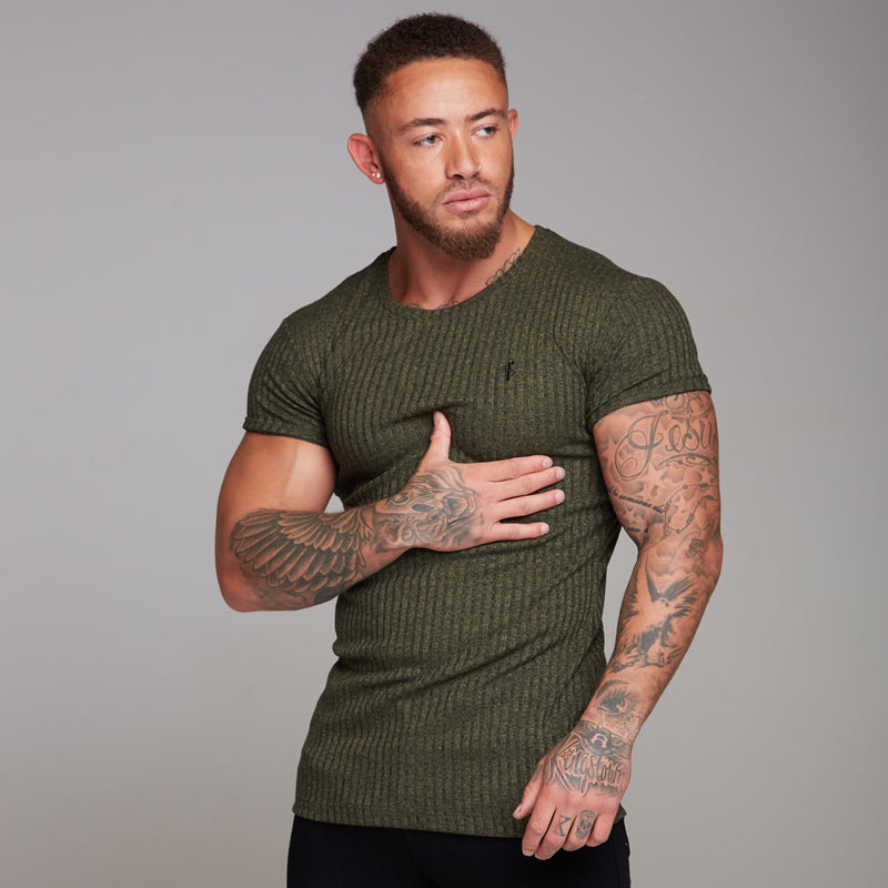 Father Sons Classic Khaki Ribbed Knit Super Slim Long Line Crew - FSH172