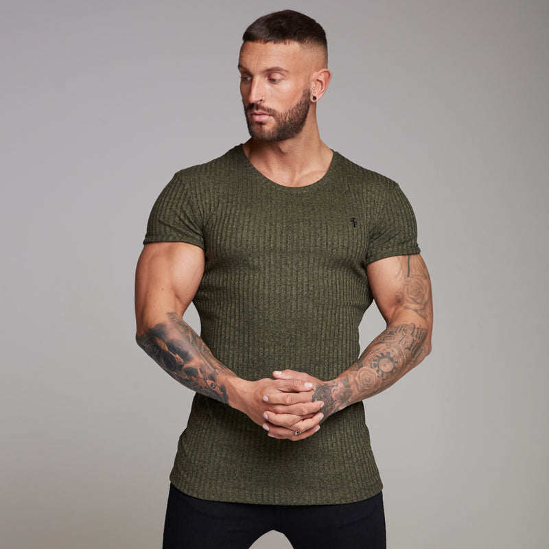 Father Sons Classic Khaki Ribbed Knit Super Slim Long Line Crew – FSH172