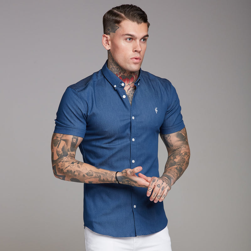 Father Sons Super Slim Stretch Aegean Blue Denim Kurzarm – FS346