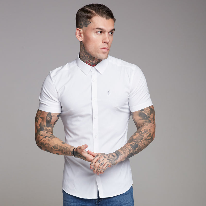 Father Sons Super Slim Ultra Stretch Classic White Short Sleeve Shirt (Grey embroidery) - FS353