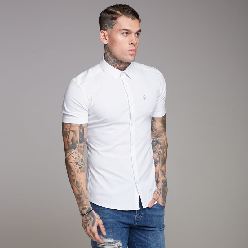 Father Sons Super Slim Ultra Stretch Classic White Short Sleeve Shirt (Grey embroidery) - FS353