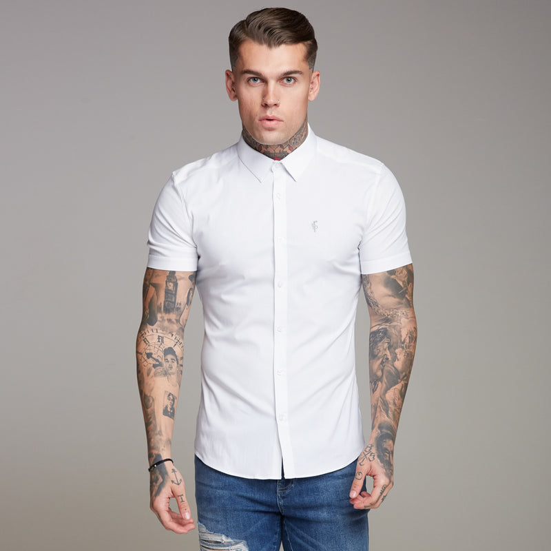 Father Sons Super Slim Ultra Stretch Classic White Short Sleeve Shirt (Grey embroidery) - FS353