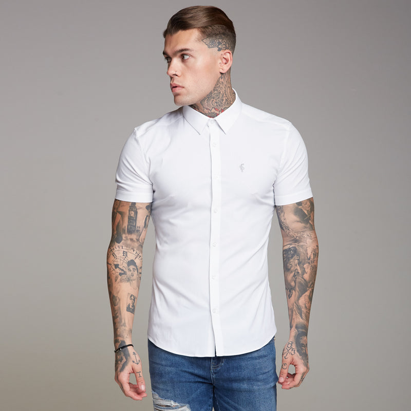 Father Sons Super Slim Ultra Stretch Classic White Short Sleeve Shirt (Graue Stickerei) – FS353