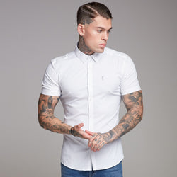 Father Sons Super Slim Ultra Stretch Classic White Short Sleeve Shirt (Graue Stickerei) – FS353