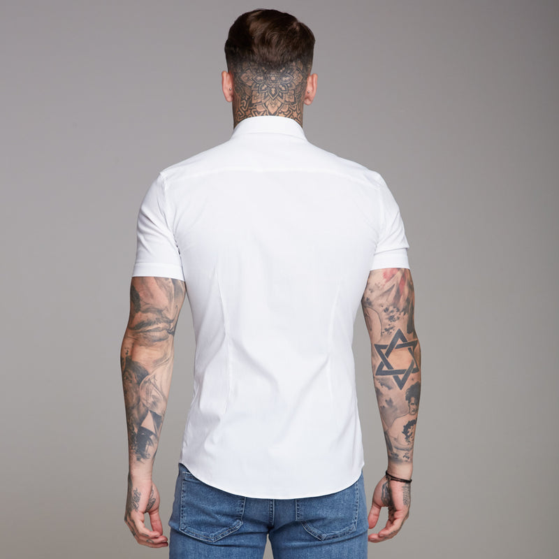 Father Sons Super Slim Ultra Stretch Classic White Short Sleeve Shirt (Grey embroidery) - FS353