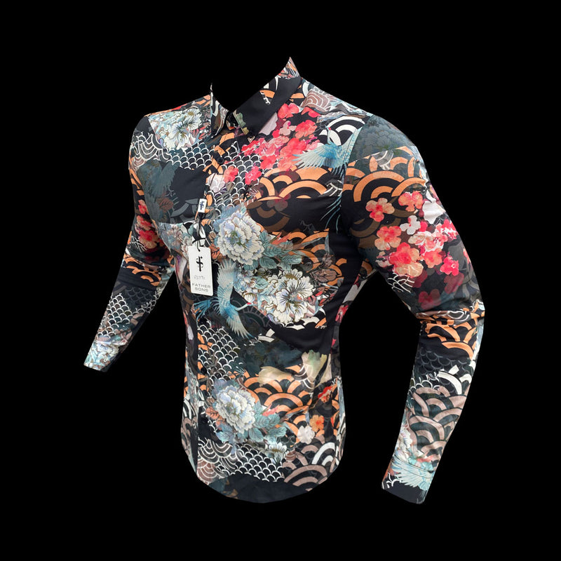 Father Sons Super Slim Stretch Multi Oriental Print Langarmshirt mit Button-Down-Kragen – FS771