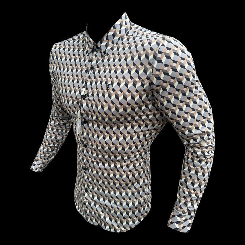 Father Sons Super Slim Stretch Grey / Beige Chevron Print Long Sleeve with Button Down Collar - FS904