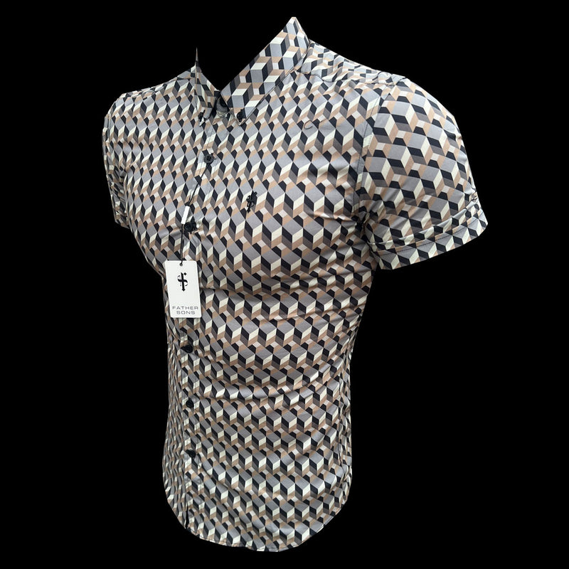 Father Sons Super Slim Stretch Grey / Beige Chevron Print Short Sleeve with Button Down Collar - FS905