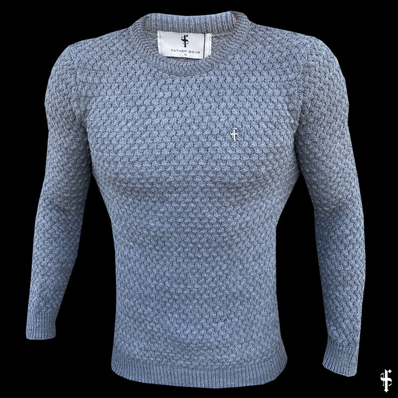 Vater-Söhne-grauer, gestrickter, superschlanker Pullover mit Metallaufkleber – FSJ016