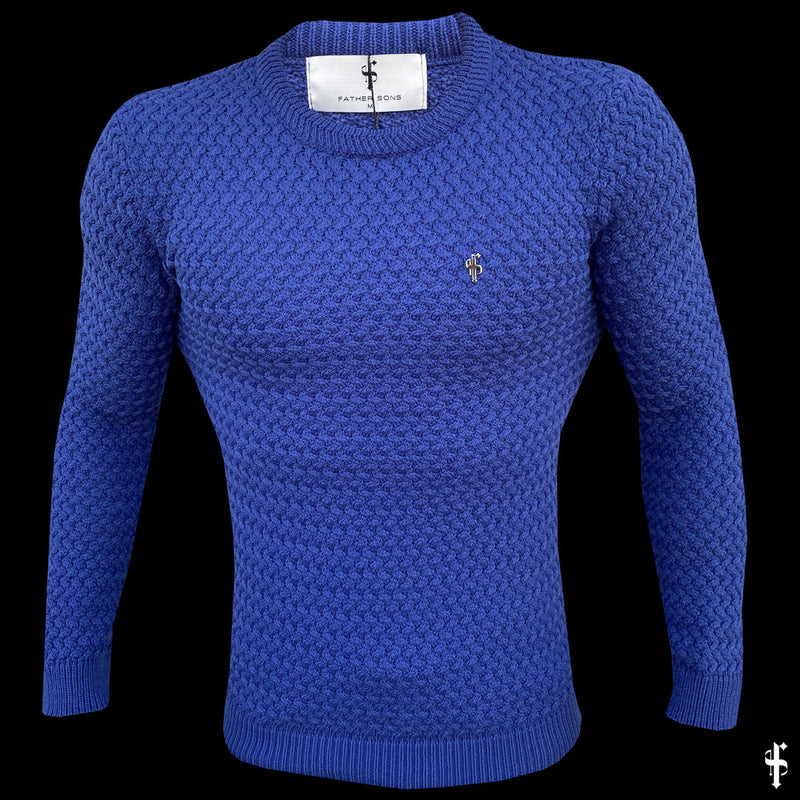 Vater-Söhne-blauer, gestrickter, superschlanker Pullover mit Metallaufkleber – FSJ019