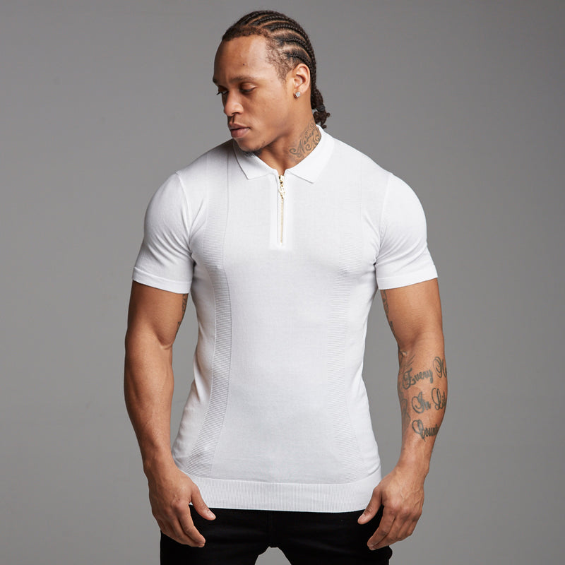 Father Sons klassisches weißes und goldenes gestricktes Kurzarm-Poloshirt mit Reißverschluss – FSH175