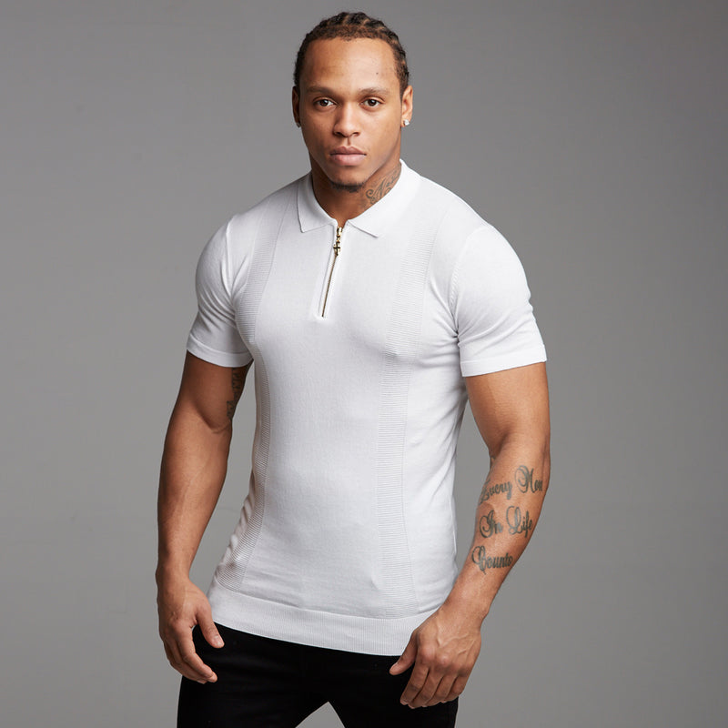 Father Sons klassisches weißes und goldenes gestricktes Kurzarm-Poloshirt mit Reißverschluss – FSH175