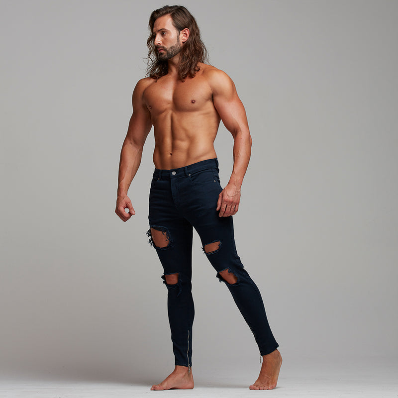 Father Sons Ankle Slim Ultra Stretch Navy Ripped Jeans mit Reißverschluss – FSH290
