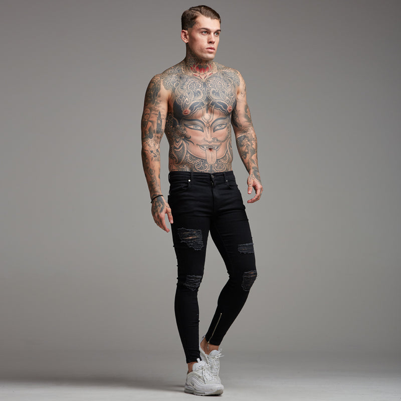 Father Sons Jeans mit Reißverschluss am Knöchel, zerrissene, schmale Stretch-Jeans in Schwarz – FSH234