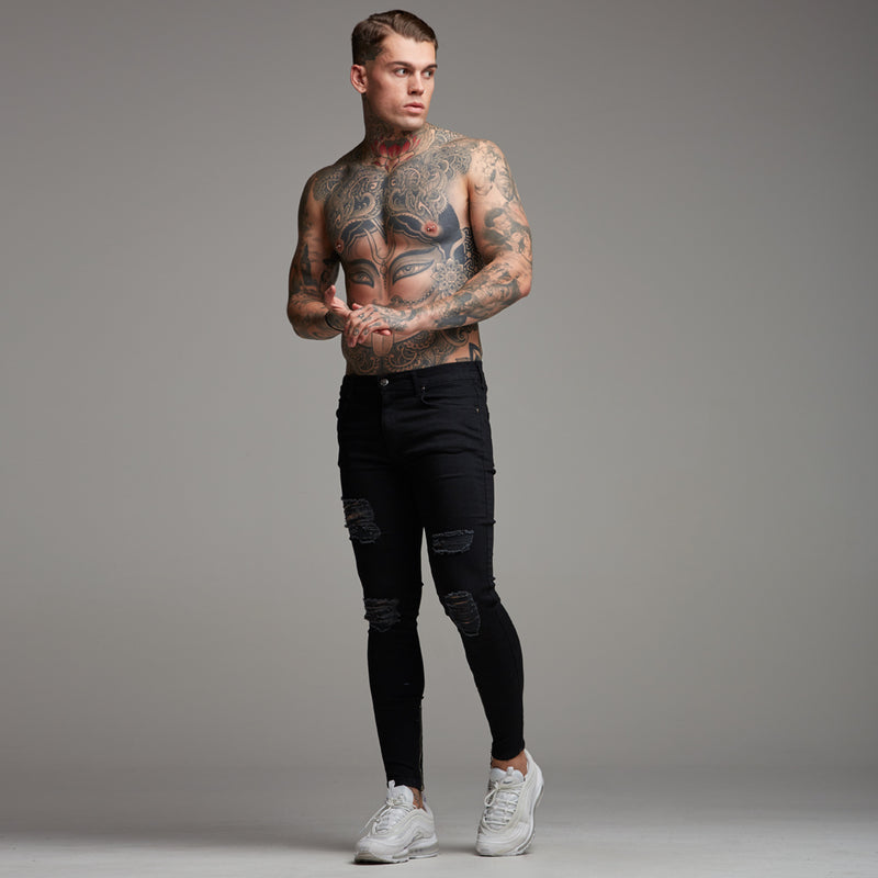 Father Sons Jeans mit Reißverschluss am Knöchel, zerrissene, schmale Stretch-Jeans in Schwarz – FSH234