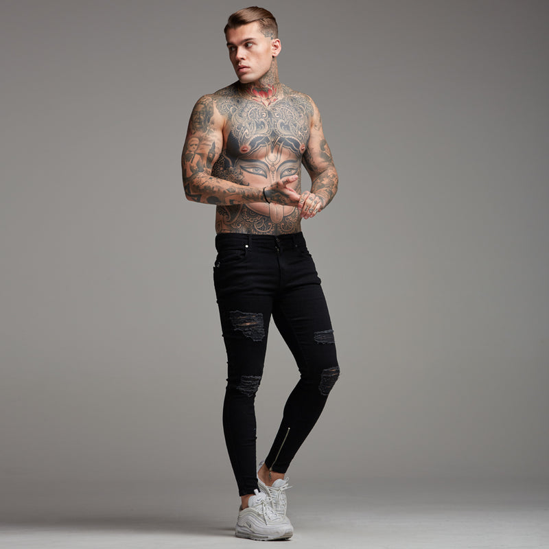 Father Sons Jeans mit Reißverschluss am Knöchel, zerrissene, schmale Stretch-Jeans in Schwarz – FSH234