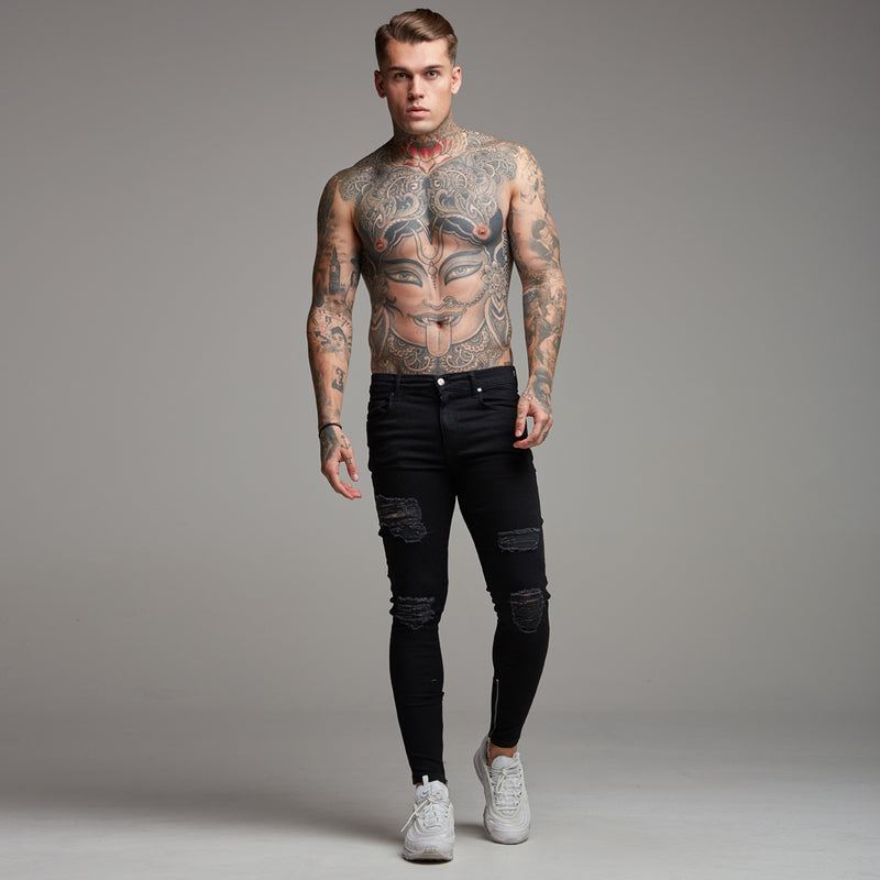 Father Sons Jeans mit Reißverschluss am Knöchel, zerrissene, schmale Stretch-Jeans in Schwarz – FSH234