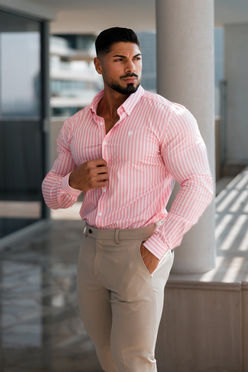 Father Sons Super Slim Stretch Weiß/Rosa Streifendruck Langarm mit Button-Down-Kragen – FS888