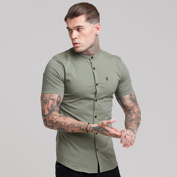 Father Sons Super Slim Stretch Classic Khaki Grandad Collar Short Sleeve - FS291