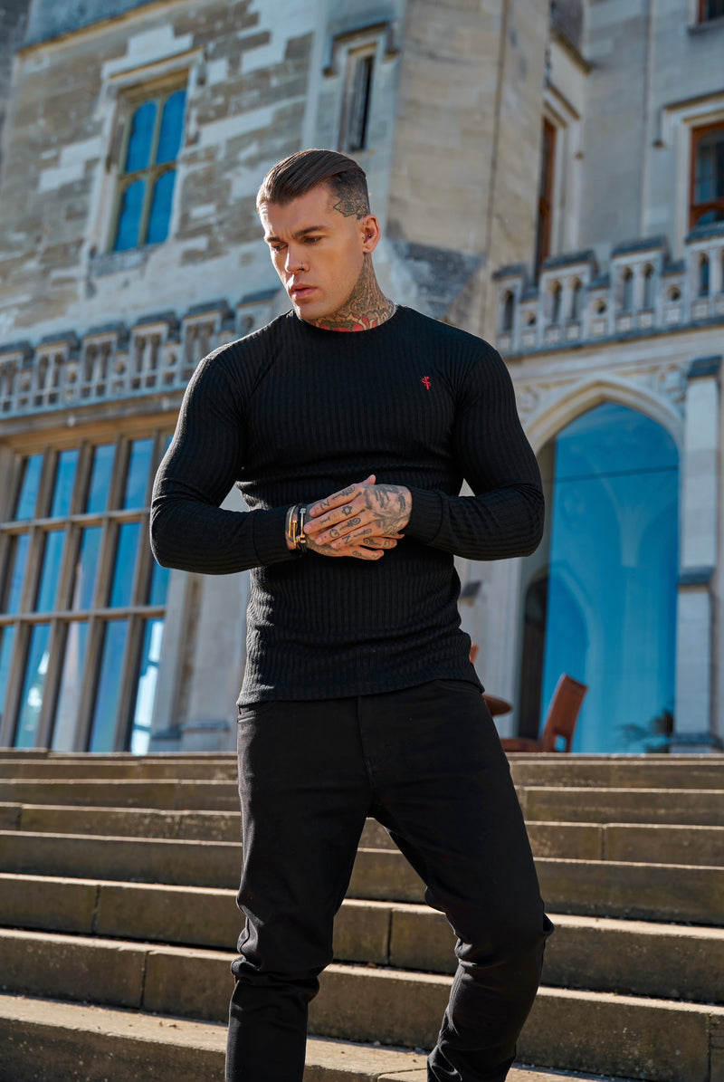 Father Sons klassischer schwarz-roter Rippstrickpullover mit Rundhalsausschnitt – FSH764