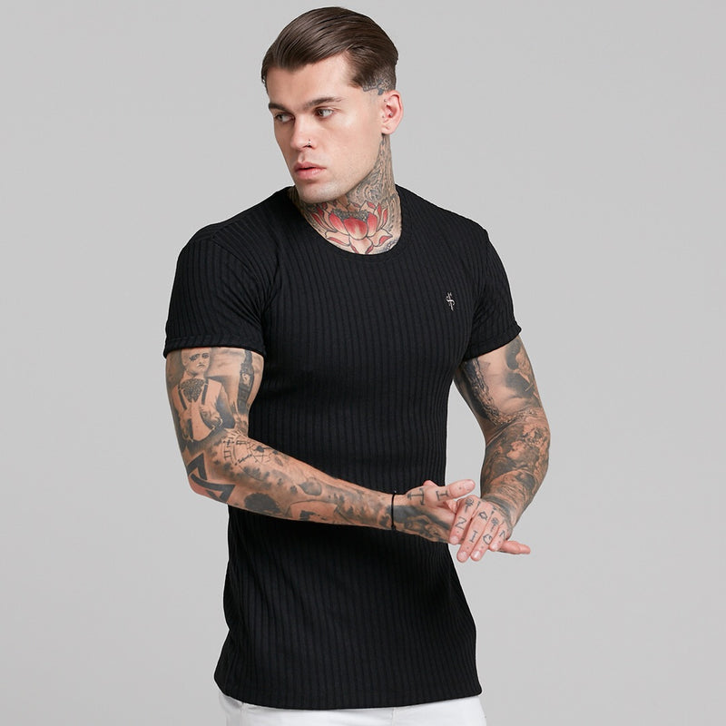 Father Sons Classic Black Ribbed Knit Super Slim Short Sleeve Crew – FSH241